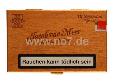 John Aylesbury Jacob van Meer Senoritas Holzbox mit 10 handgerollten Zigarren und Warnhinweis sichtbar