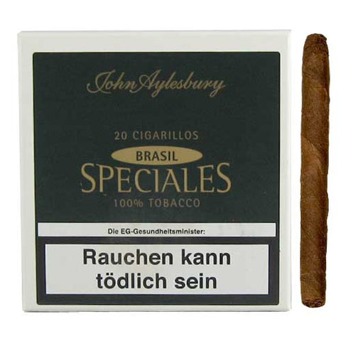 John Aylesbury Speciales Brasil Packung mit 20 Cigarillos und einer einzelnen Zigarre neben der Packung.