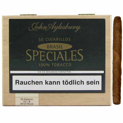 John Aylesbury Speciales Brasil Zigarillos mit 100% Tabak im Holzbox-Design und einer einzelnen Zigarillo daneben.