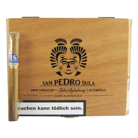 John Aylesbury San Pedro Sula Cremas Holzkiste mit Zigarren und traditionellem Logo aus Honduras