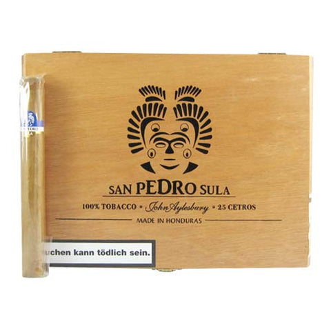John Aylesbury San Pedro Sula Cetros Zigarren in Holzkiste mit traditionellem Logo und Gesundheitswarnung sichtbar