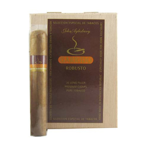 John Aylesbury Garrido Robusto Zigarre mit edlem Braunton neben elegantem Holzkasten mit Schriftzug