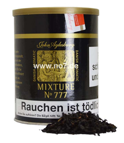 John Aylesbury 777 Tabakdose mit losem Tabak davor und Warnhinweis Rauchen ist tödlich.