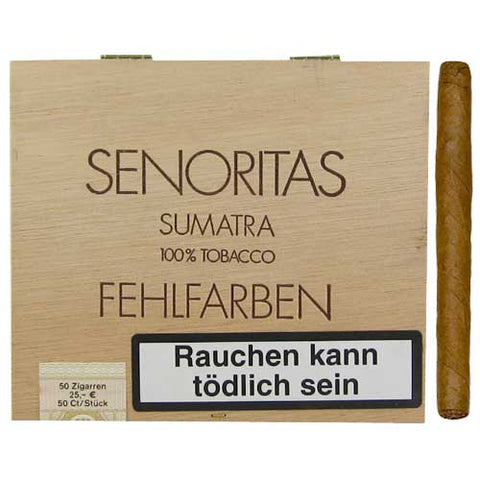 John Aylesbury Senoritas Fehlfarben Zigarillos in Holzbox mit Tabak aus Sumatra und Warnhinweis Rauchen kann tödlich sein