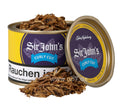 John Aylesbury Sir John´s Curly Cut NEU 100g geöffnet mit losen Tabakfäden und Dose auf weißem Hintergrund