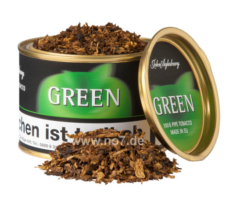 John Aylesbury Green (früher Green Apple) (100g) Tabakdose mit offenem Deckel und losem Tabak daneben auf weißem Hintergrund