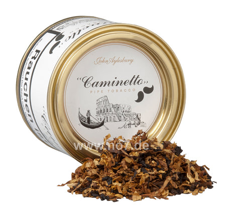 John Aylesbury Caminetto Bianco (100g) Dose mit offenem Deckel und losem Tabak vor weißem Hintergrund