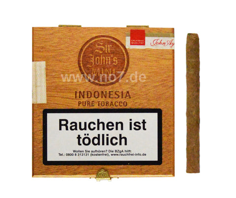 John Aylesbury Sir John´s Mini Indonesia (20er) Zigarrenkiste mit einer Zigarre und Warnhinweis Rauchen ist tödlich