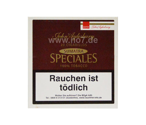Packung John Aylesbury Speciales Sumatra Cigarillos mit Warnhinweis Rauchen ist tödlich sichtbar