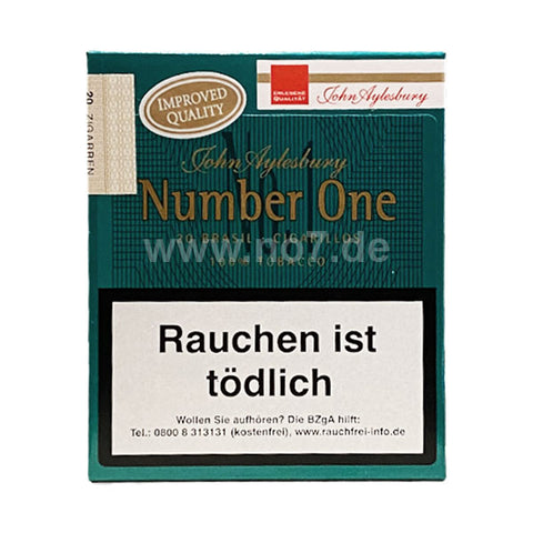 Verpackung der John Aylesbury Number One Brasil Zigarillos mit Warnhinweis Rauchen ist tödlich in grünem Design