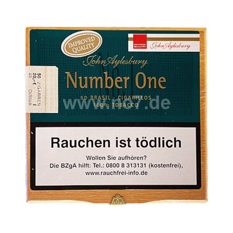 John Aylesbury Number One Brasil Zigarillos Box mit 50 Stück und Warnhinweis auf schwarzem Grund