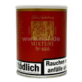 Dose John Aylesbury 666 Tabak mit rotem Etikett und traditionellem Motiv, Gesundheitswarnung gut sichtbar.
