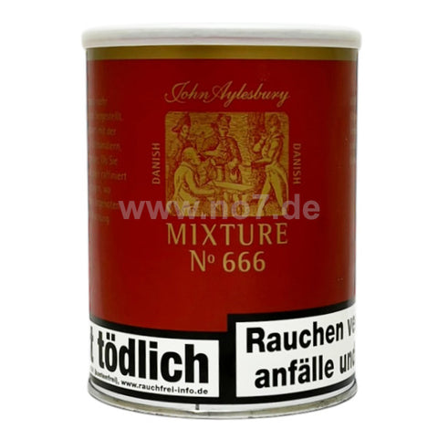 Dose John Aylesbury 666 Tabak mit rotem Etikett und traditionellem Motiv, Gesundheitswarnung gut sichtbar.