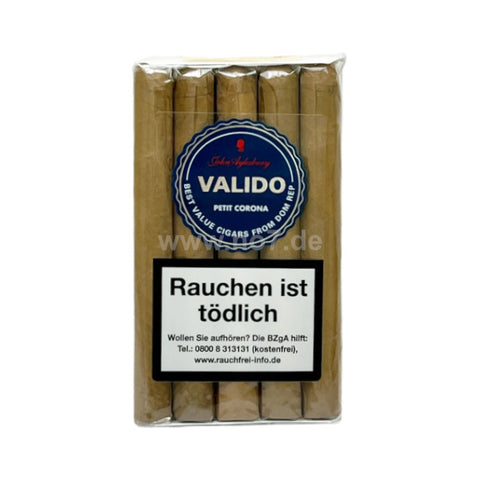 John Aylesbury Valido Petit Corona fünf handgerollte Zigarren mit Raucherwarnhinweis und blauer Markenetikette