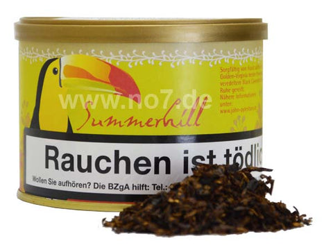 John Aylesbury Summerhill (100g) Tabakdose mit gelbem Design und losem Tabak davor in Nahaufnahme
