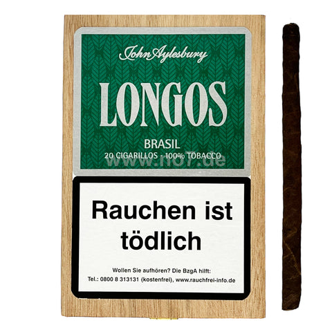 John Aylesbury Longos Brasil (20er) Packung mit 20 Cigarillos und Warnhinweis auf Holzbox und dunklem Cigarillo daneben