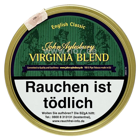 Dose mit John Aylesbury Virginia Blend (100g) Tabak, grün-goldenes Design, Warnhinweis Rauchen ist tödlich
