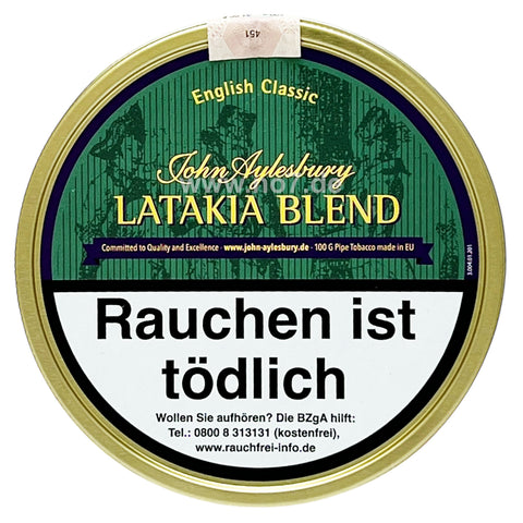 John Aylesbury Latakia Blend (100g) Tabakdose mit grünem Design und Gesundheitswarnung Rauchen ist tödlich