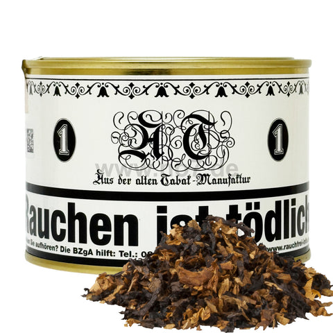 John Aylesbury AT 1 (100g) Tabakdose mit offenem Tabak im Vordergrund und traditionellem Design